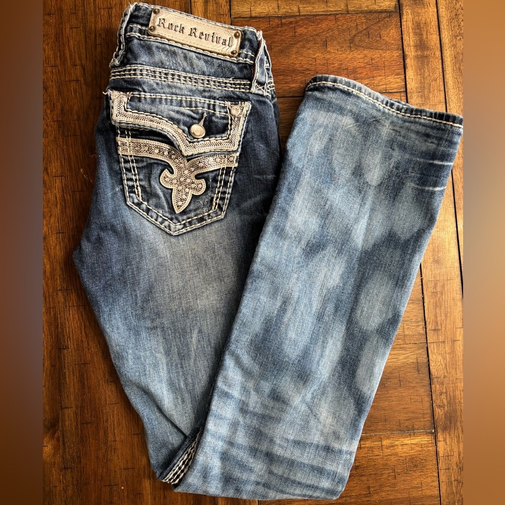 Rock Revival Kai Blue Boot Cut Jeans with Embellished Pockets